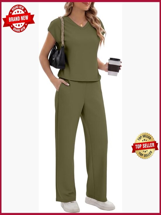 Pants - V Neck Cap Sleeve Top Wide Leg Pants Lounge Set - 2 Piece Travel Outfit